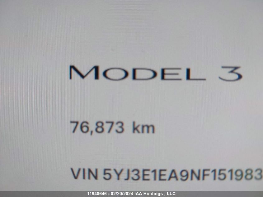 2022 Tesla Model 3 VIN: 5YJ3E1EA9NF151983 Lot: 11948646