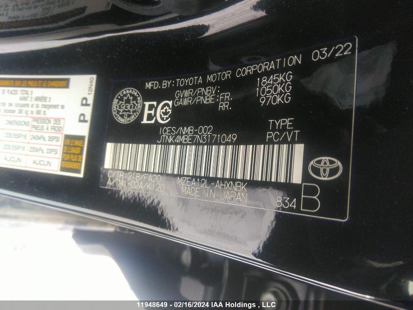 2022 Toyota Corolla VIN: JTNK4MBE7N3171049 Lot: 11948649