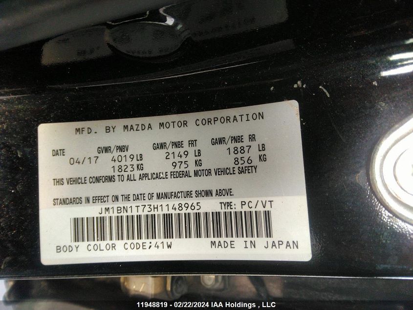 2017 Mazda Mazda3 VIN: JM1BN1T73H1148965 Lot: 11948819