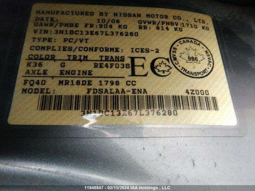 2007 Nissan Versa VIN: 3N1BC13E67L376280 Lot: 11948847