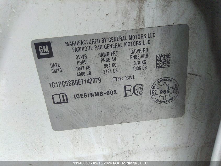 2014 Chevrolet Cruze Lt VIN: 1G1PC5SB0E7142079 Lot: 39225409