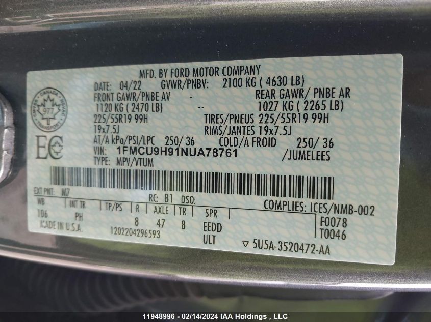 2022 Ford Escape Sel VIN: 1FMCU9H91NUA78761 Lot: 11948996