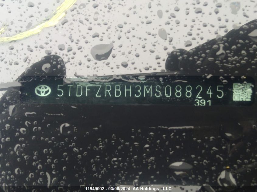 2021 Toyota Highlander VIN: 5TDFZRBH3MS088245 Lot: 11949002