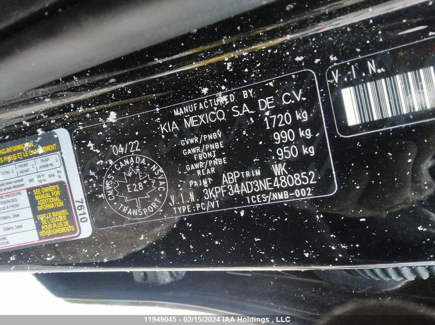 2022 Kia Forte Gt Line VIN: 3KPF34AD3NE480852 Lot: 11949045