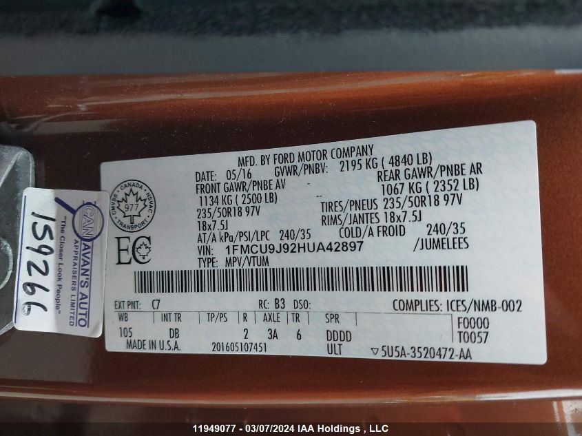 2017 Ford Escape Titanium VIN: 1FMCU9J92HUA42897 Lot: 11949077