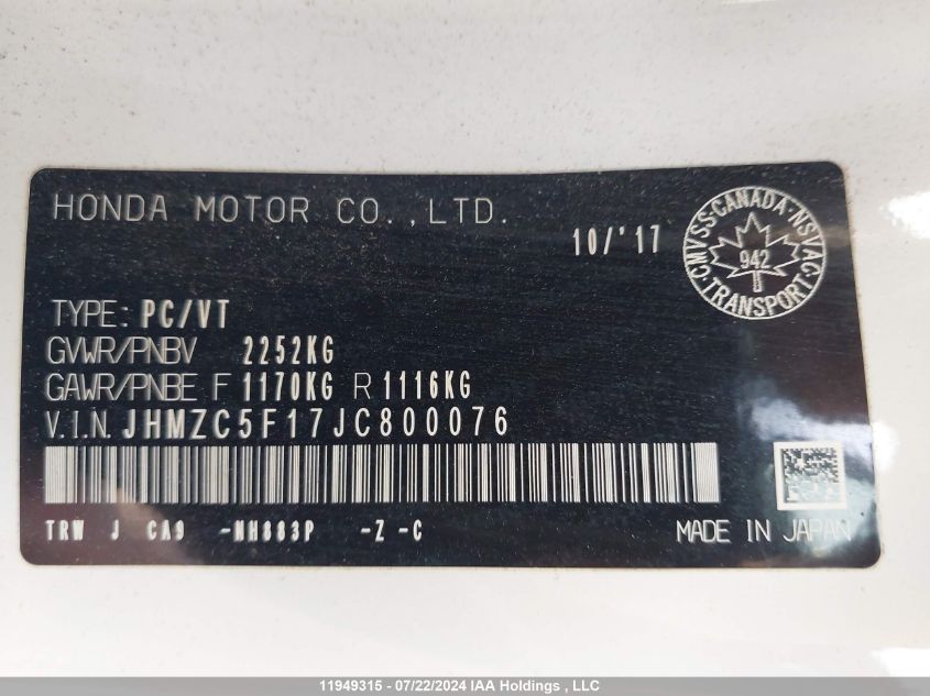 2018 Honda Clarity Plug-In Hybrid VIN: JHMZC5F17JC800076 Lot: 11949315