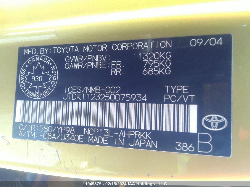 2005 Toyota Echo VIN: JTDKT123250075934 Lot: 11949375
