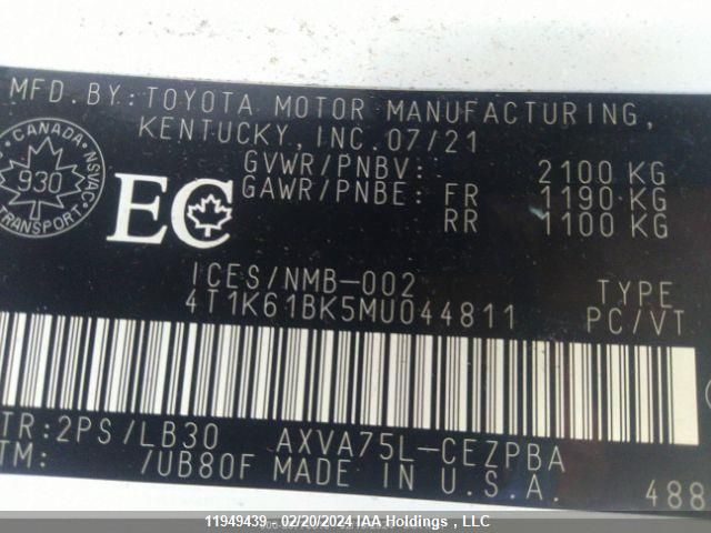 2021 Toyota Camry Xse VIN: 4T1K61BK5MU044811 Lot: 11949439