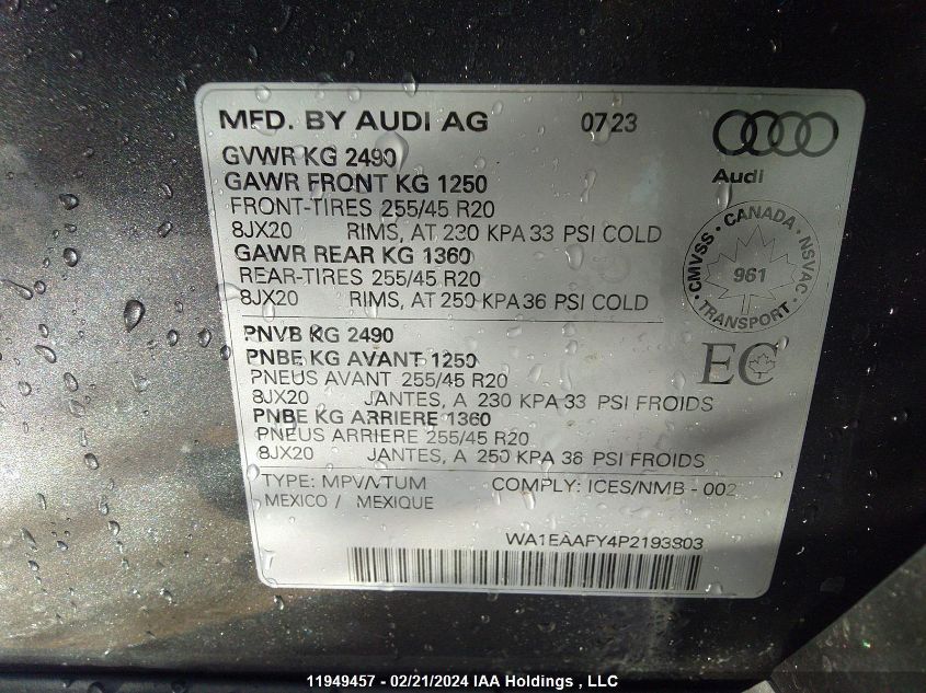 2023 Audi Q5 Premium Plus 45 VIN: WA1EAAFY4P2193803 Lot: 11949457