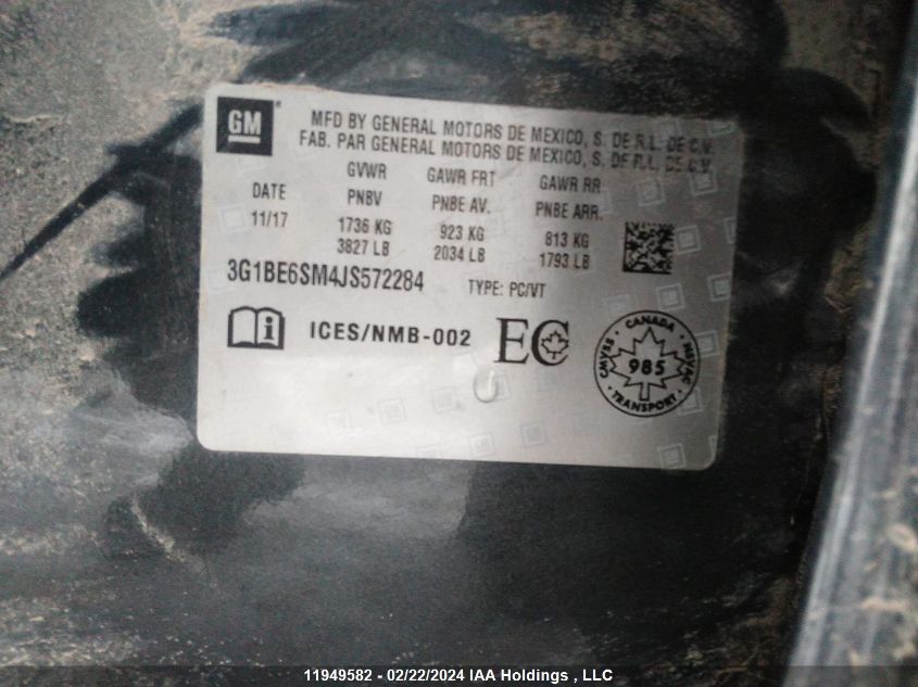 2018 Chevrolet Cruze VIN: 3G1BE6SM4JS572284 Lot: 11949582
