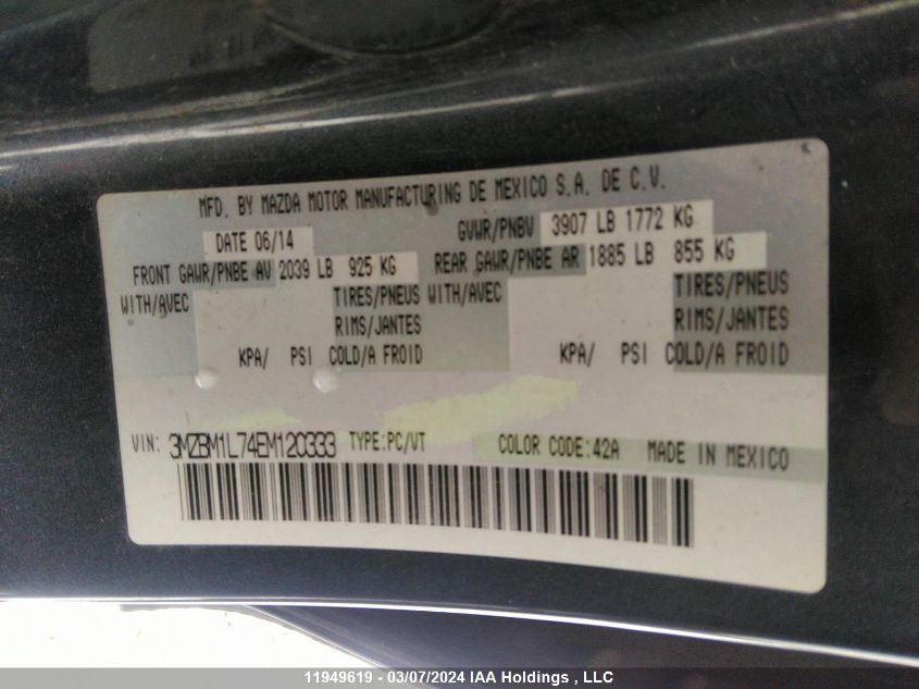 2014 Mazda 3 Touring VIN: 3MZBM1L74EM120333 Lot: 11949619