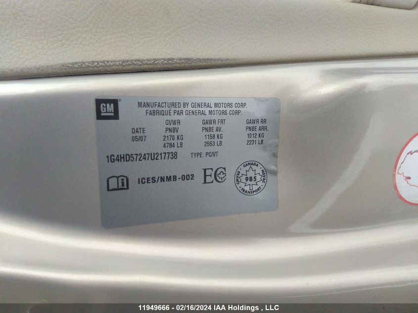 2007 Buick Lucerne VIN: 1G4HD57247U217738 Lot: 11949666