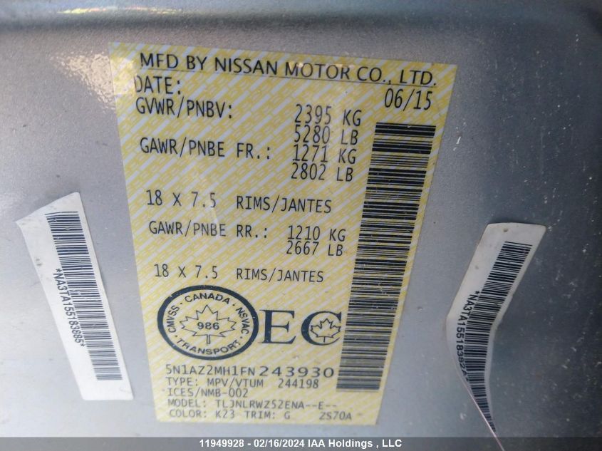 2015 Nissan Murano S/Sl/Sv/Platinum VIN: 5N1AZ2MH1FN243930 Lot: 11949928