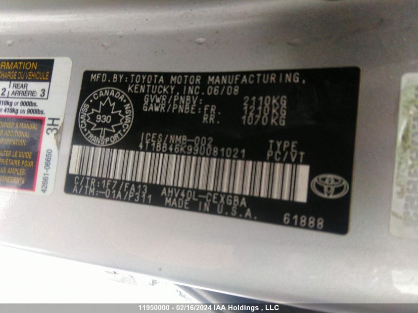 2009 Toyota Camry Hybrid VIN: 4T1BB46K99U081021 Lot: 11950000