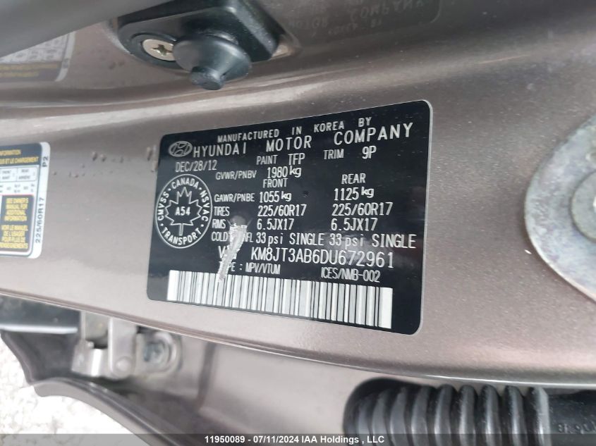 2013 Hyundai Tucson Gl VIN: KM8JT3AB6DU672961 Lot: 11950089