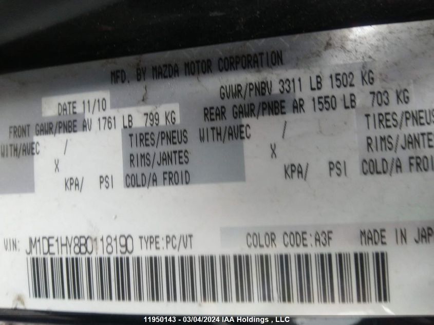 2011 Mazda Mazda2 VIN: JM1DE1HY8B0118190 Lot: 11950143