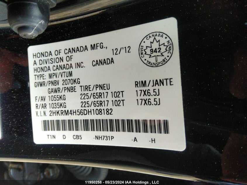 2013 Honda Cr-V Ex VIN: 2HKRM4H56DH108182 Lot: 11950258