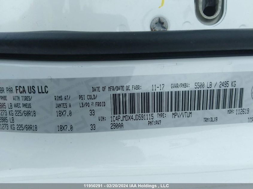 2018 Jeep Cherokee Limited VIN: 1C4PJMDX4JD591115 Lot: 11950291