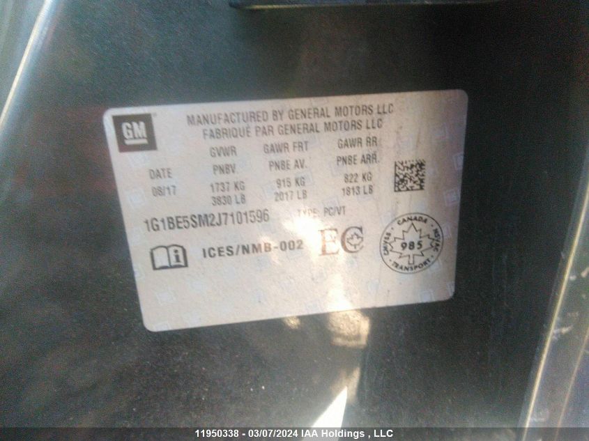 2018 Chevrolet Cruze VIN: 1G1BE5SM2J7101596 Lot: 39236552