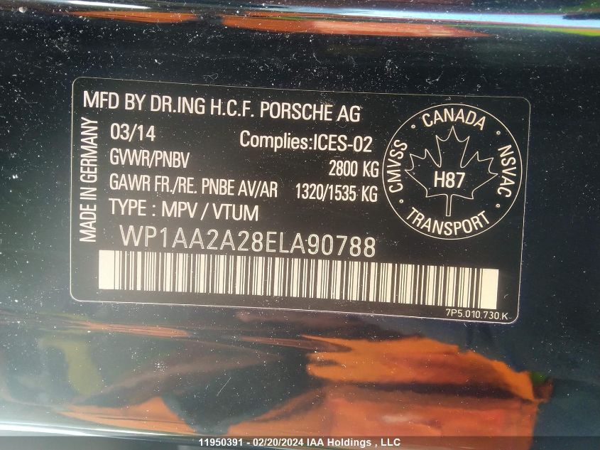 2014 Porsche Cayenne VIN: WP1AA2A28ELA90788 Lot: 11950391