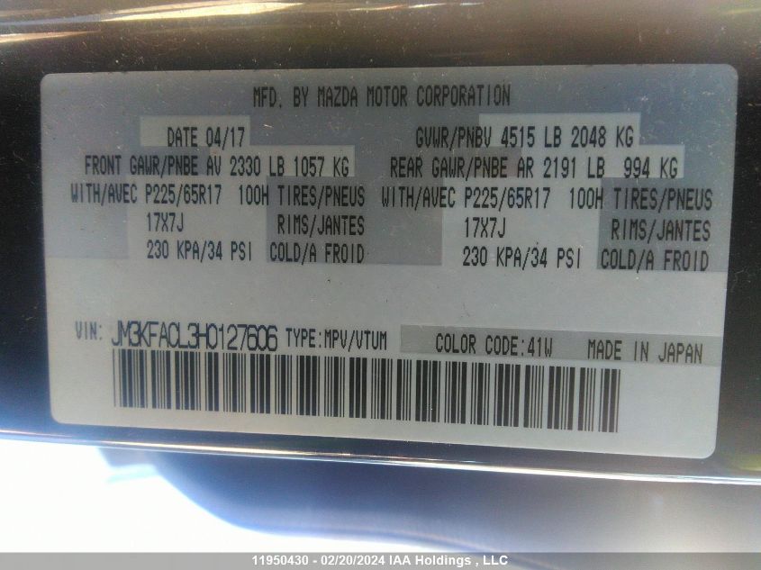 2017 Mazda Cx-5 Touring VIN: JM3KFACL3H0127606 Lot: 11950430