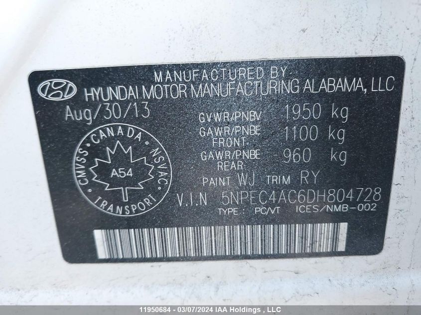 2013 Hyundai Sonata Se/Limited VIN: 5NPEC4AC6DH804728 Lot: 11950684