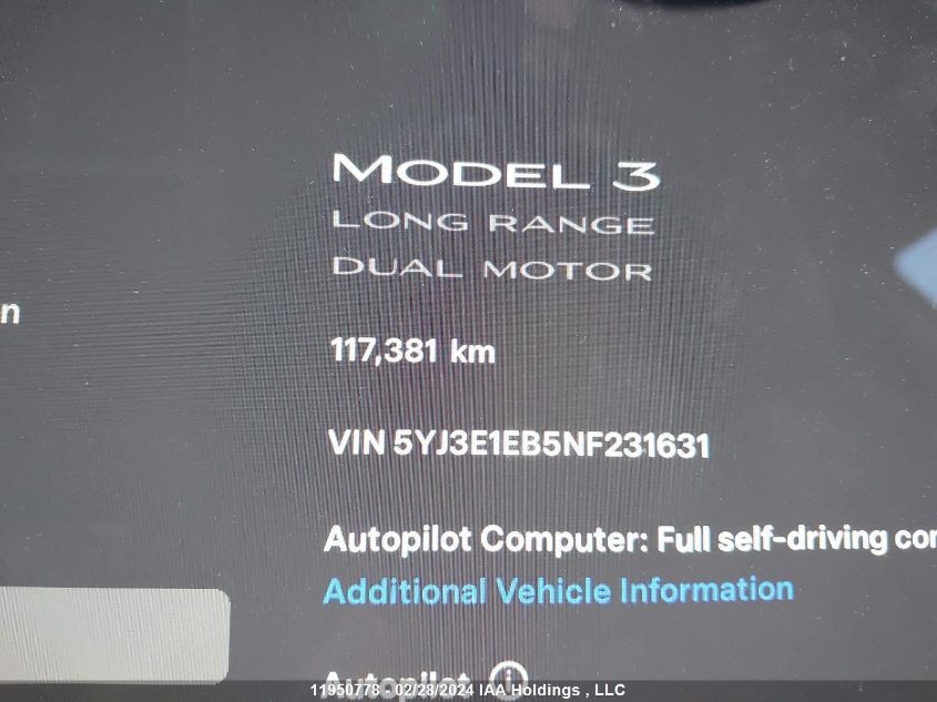 2022 Tesla Model 3 VIN: 5YJ3E1EB5NF231631 Lot: 39241325