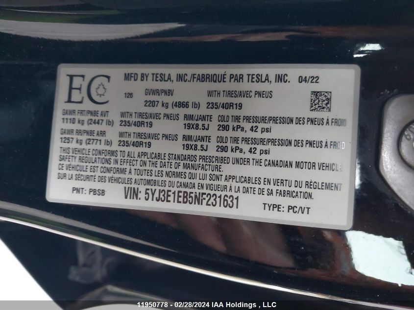 2022 Tesla Model 3 VIN: 5YJ3E1EB5NF231631 Lot: 39241325