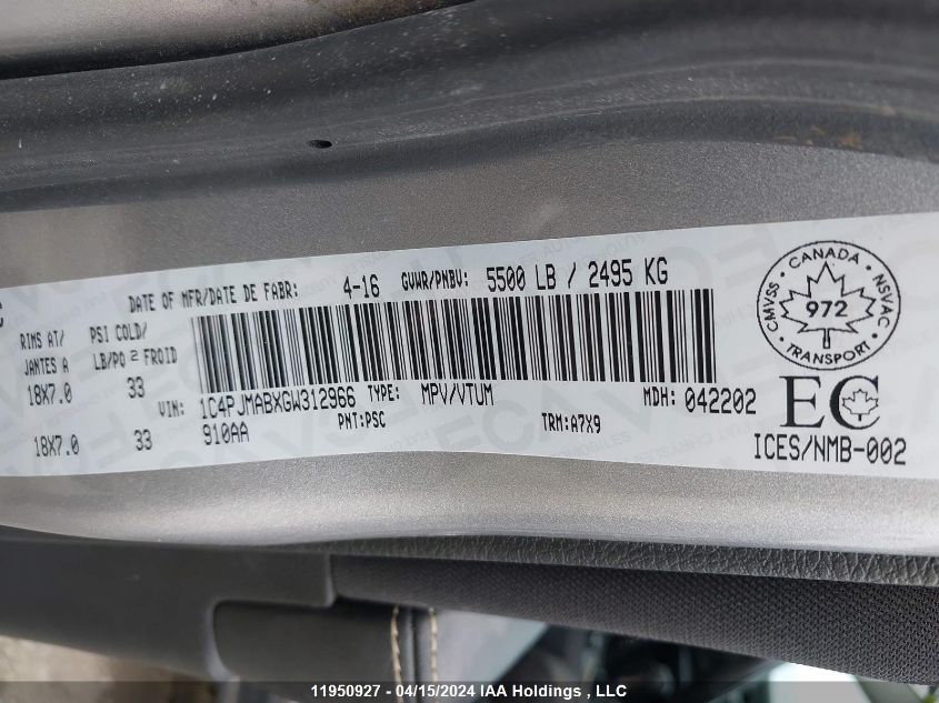 2016 Jeep Cherokee Sport VIN: 1C4PJMABXGW312966 Lot: 11950927