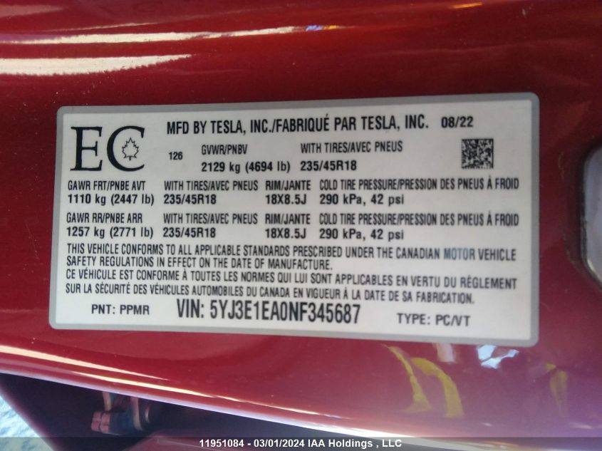 2022 Tesla Model 3 VIN: 5YJ3E1EA0NF345687 Lot: 11951084