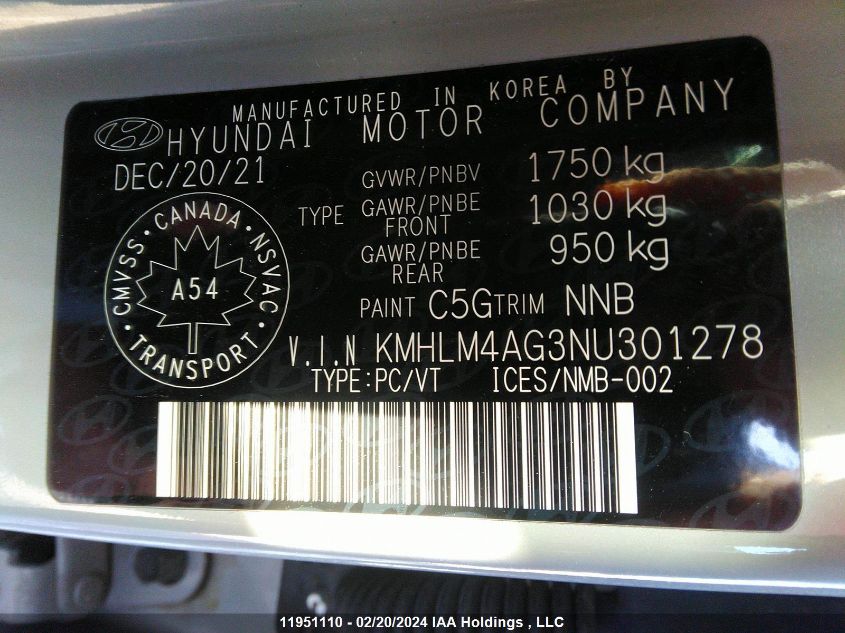 2022 Hyundai Elantra VIN: KMHLM4AG3NU301278 Lot: 39236411