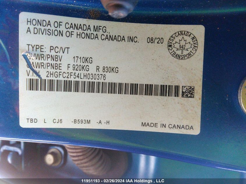 2020 Honda Civic Sedan VIN: 2HGFC2F54LH030376 Lot: 39242186