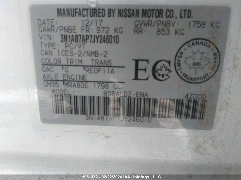 2018 Nissan Sentra VIN: 3N1AB7AP7JY246010 Lot: 11951332