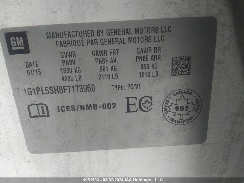 2015 Chevrolet Cruze VIN: 1G1PL5SH8F7173960 Lot: 11951503