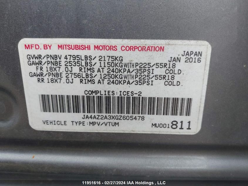 2016 Mitsubishi Outlander Es VIN: JA4AZ2A3XGZ605478 Lot: 39236246