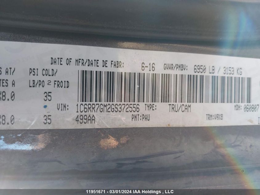 2016 Ram 1500 Slt VIN: 1C6RR7GM2GS372556 Lot: 11951671