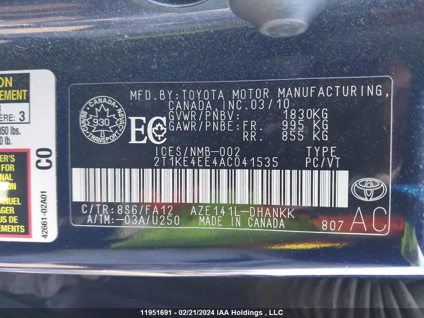 2010 Toyota Matrix Xr VIN: 2T1KE4EE4AC041535 Lot: 11951691