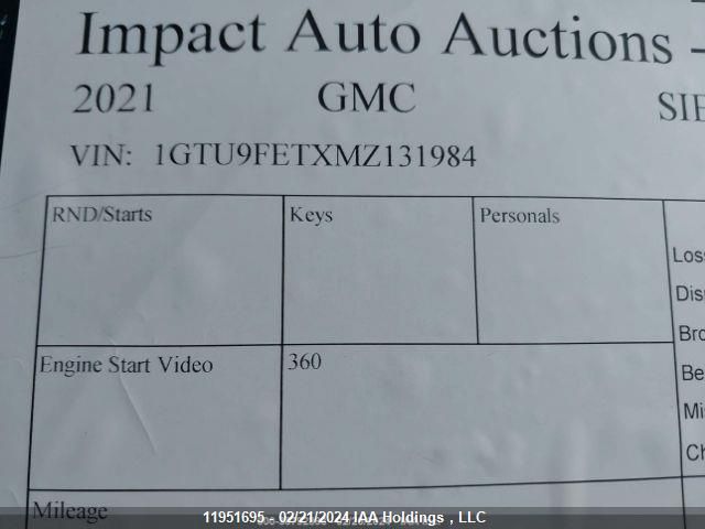 2021 GMC Sierra 1500 VIN: 1GTU9FETXMZ131984 Lot: 11951695