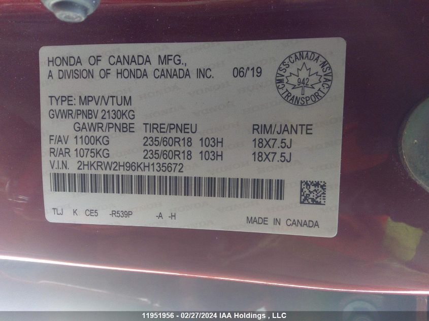 2019 Honda Cr-V VIN: 2HKRW2H96KH135672 Lot: 11951956