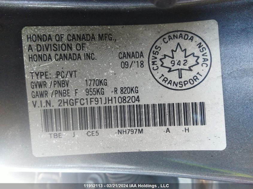 2018 Honda Civic Sedan VIN: 2HGFC1F91JH108204 Lot: 11952113