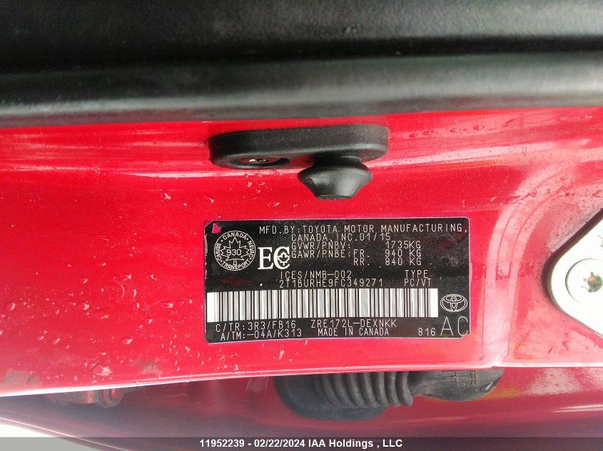 2015 Toyota Corolla L/Le/Le Pls/Prm/S/S Pls VIN: 2T1BURHE9FC349271 Lot: 38987084