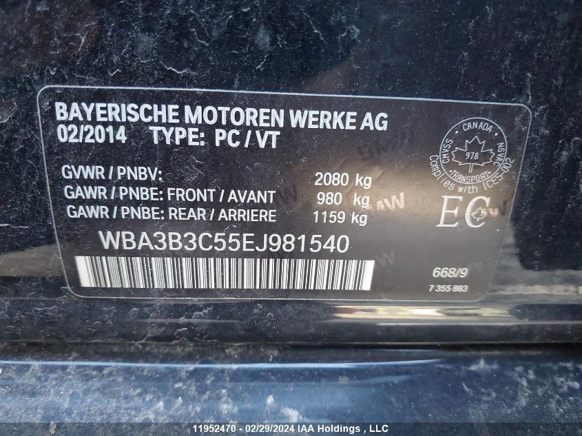 2014 BMW 3 Series VIN: WBA3B3C55EJ981540 Lot: 11952470