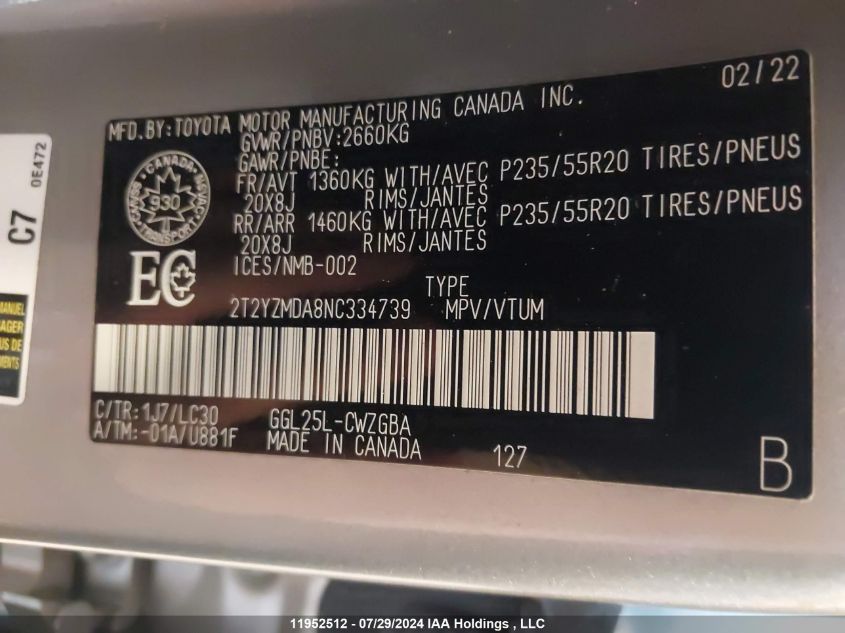 2022 Lexus Rx 350 VIN: 2T2YZMDA8NC334739 Lot: 11952512