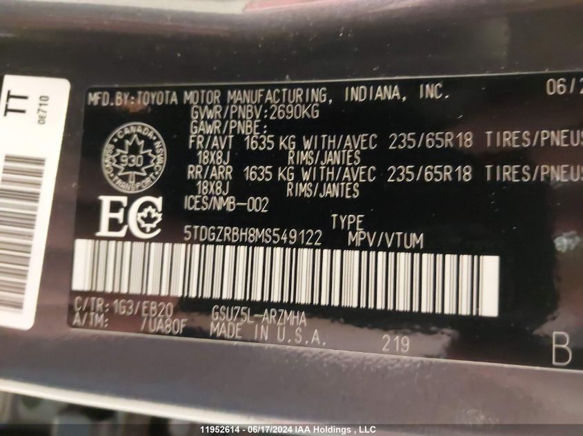 2021 Toyota Highlander VIN: 5TDGZRBH8MS549122 Lot: 11952614