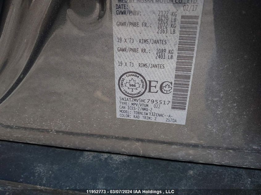 2017 Nissan Rogue Sv/Sl VIN: 5N1AT2MV5HC795517 Lot: 39236874