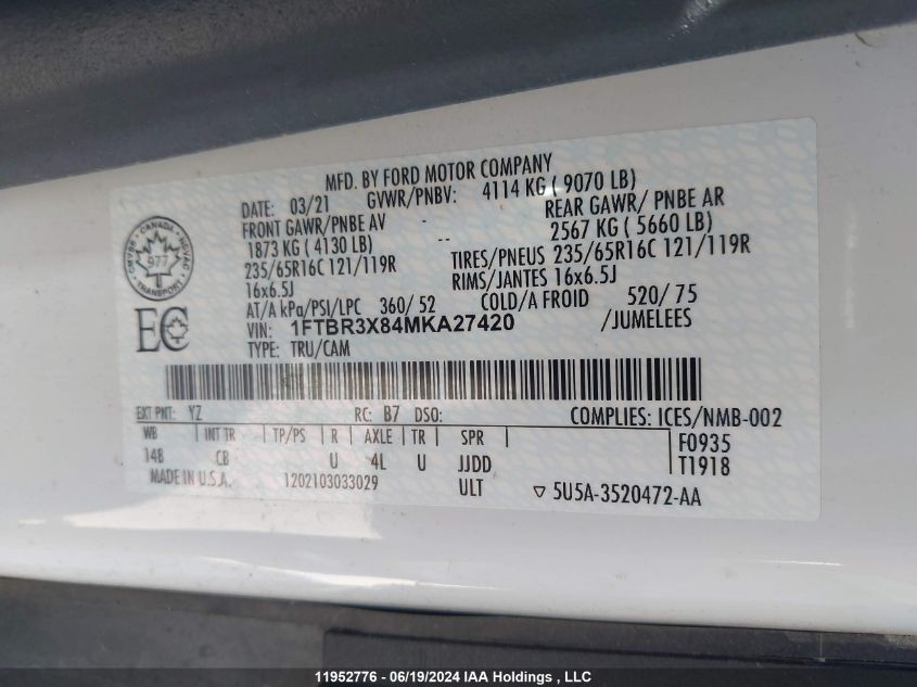 2021 Ford Transit T-250 VIN: 1FTBR3X84MKA27420 Lot: 11952776