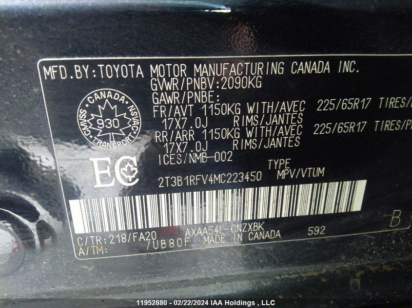 2021 Toyota Rav4 Le VIN: 2T3B1RFV4MC223450 Lot: 11952880