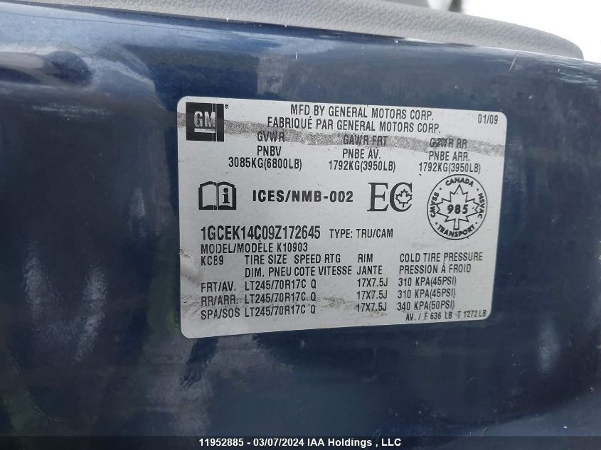 2009 Chevrolet Silverado K1500 VIN: 1GCEK14C09Z172645 Lot: 11952885