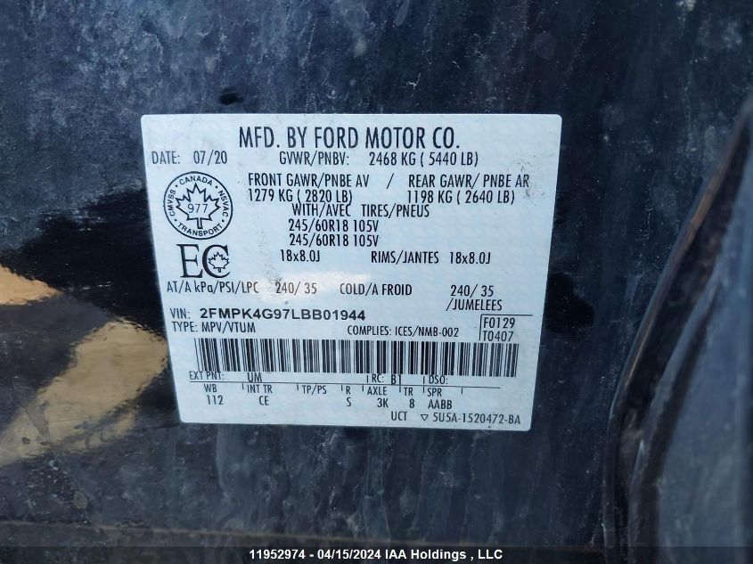 2020 Ford Edge VIN: 2FMPK4G97LBB01944 Lot: 11952974