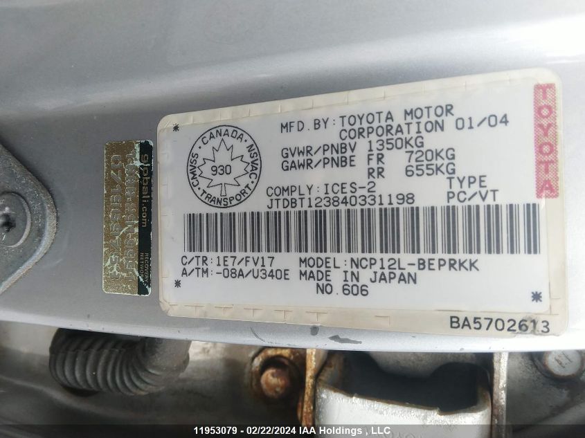 2004 Toyota Echo VIN: JTDBT123840331198 Lot: 39240800